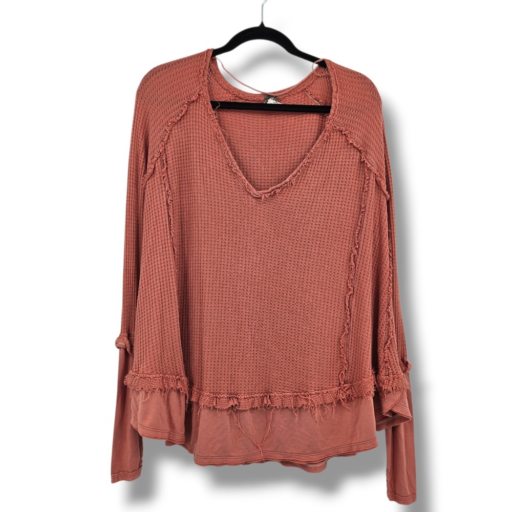 We The Free Free People Womens XS Oversized Waffle Knit Thermal Top Terracotta
